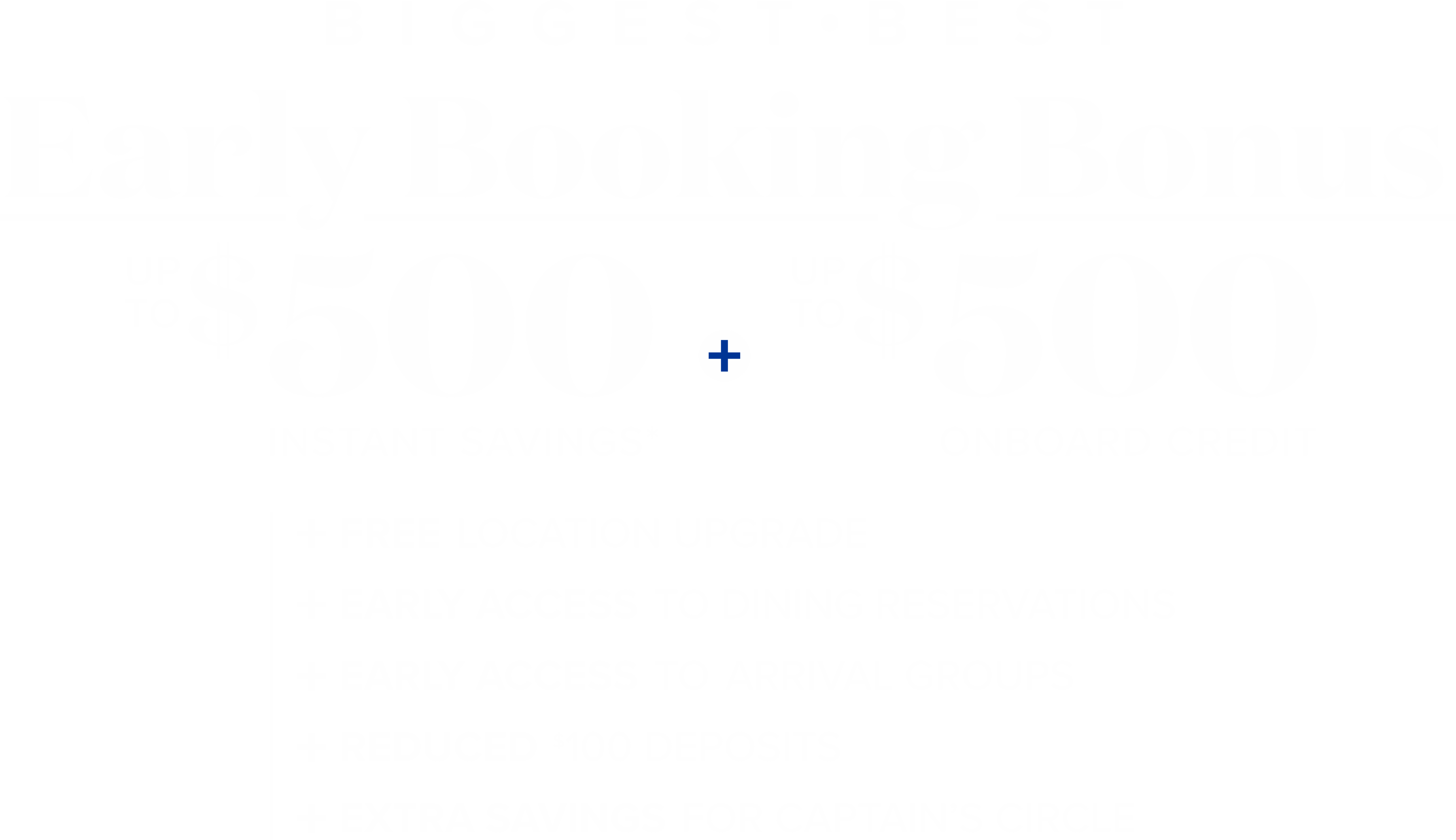 biggest . best - Early booking bonus - up to $500 instant savings* + up to $500 onboard credit + free location upgrade + early access to dining reservations + early access to arrival groups + $100 deposits + advance access to embarkation times + extra savings for captains's circle